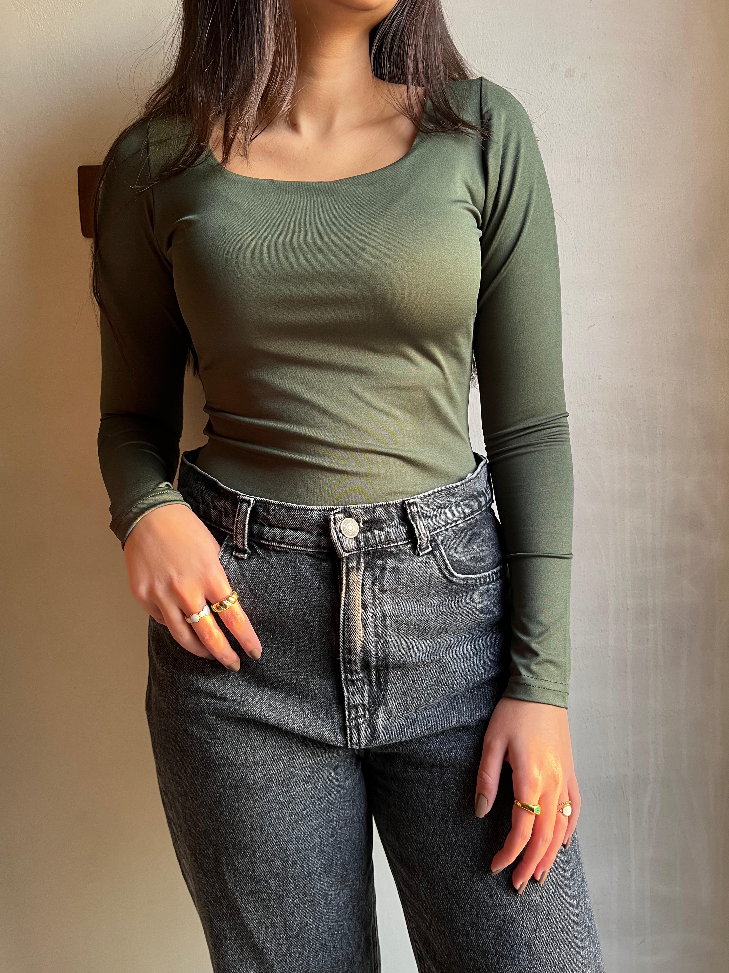 Sqaure Long Sleeve top-OLIVE GREEN