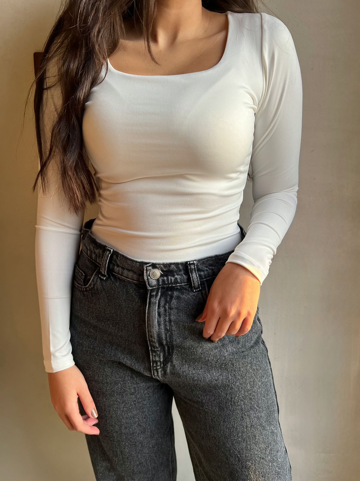 Sqaure long sleeve top-WHITE