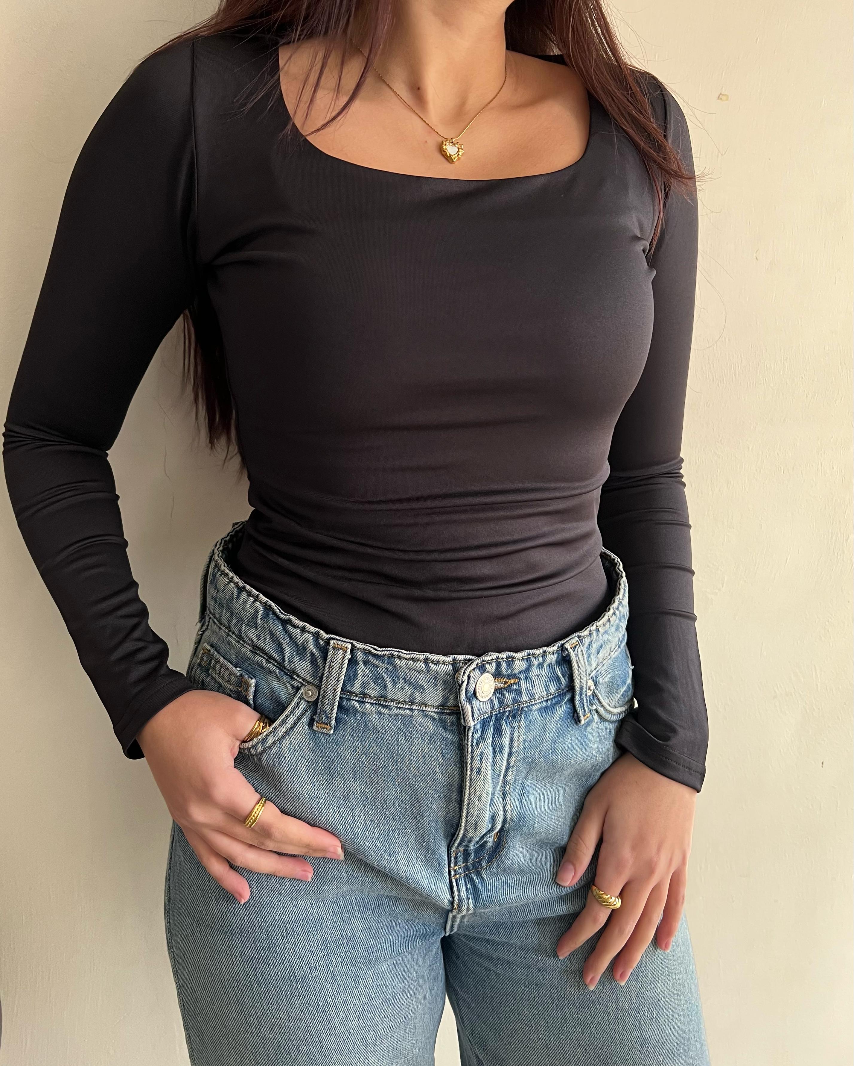 Sqaure long sleeve top-BLACK