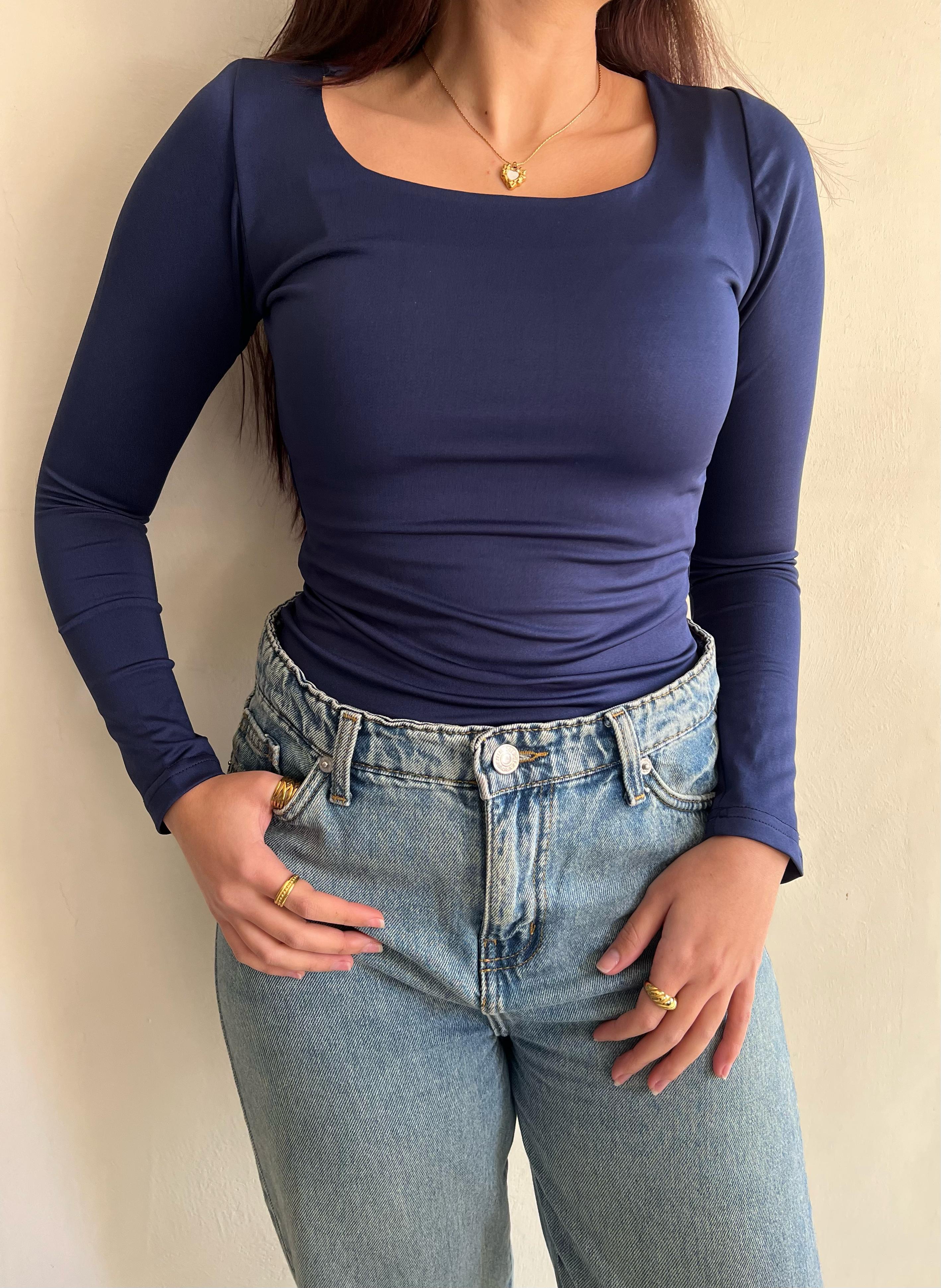 Sqaure long sleeve top-NAVY BLUE